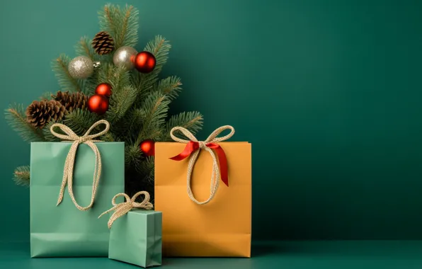 Balls, branches, Christmas, gifts, red, New year, bows, herringbone