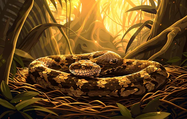 Grass, Snake, Trees, Forest, Leaves, Art, Reptile, Animal