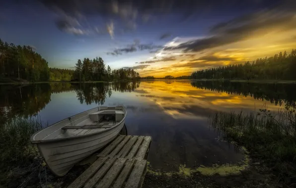 Trees, sunset, lake, reflection, boat, Norway, Norway, RINGERIKE
