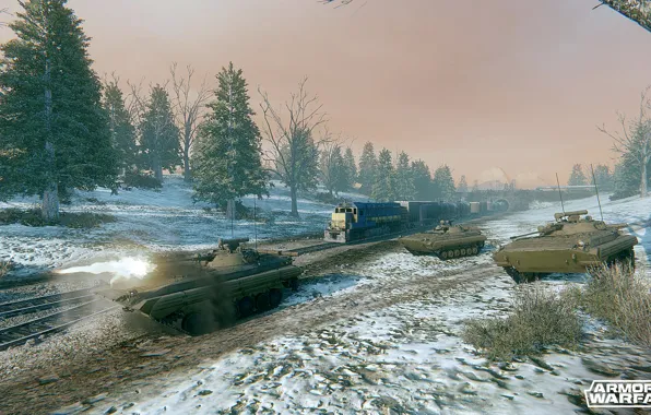 Snow, trees, train, BMP-2, armored warfare