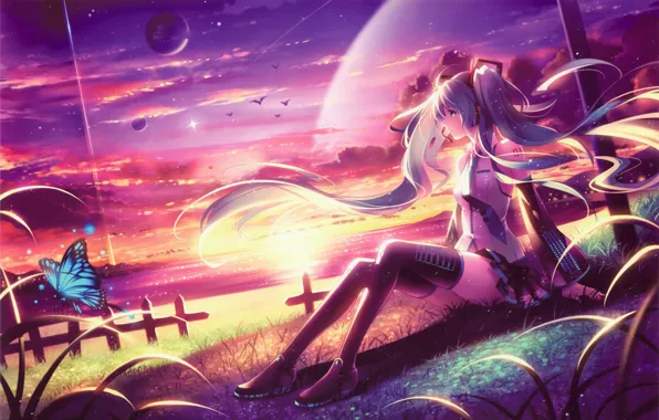 Picture girl, sunset, lake, butterfly, planet, art, vocaloid, hatsune miku