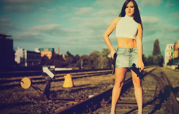 Girl, weapons, mini, railroad