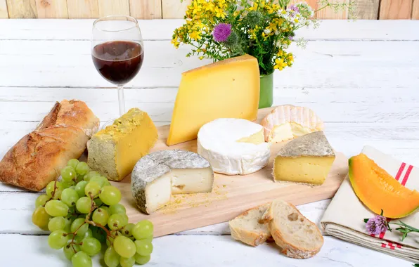 Picture flowers, wine, cheese, bread, grapes, Board, wine, flowers