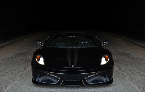 Strip, the hood, ferrari, Ferrari, black, headlights, the Scuderia, f430 scuderia