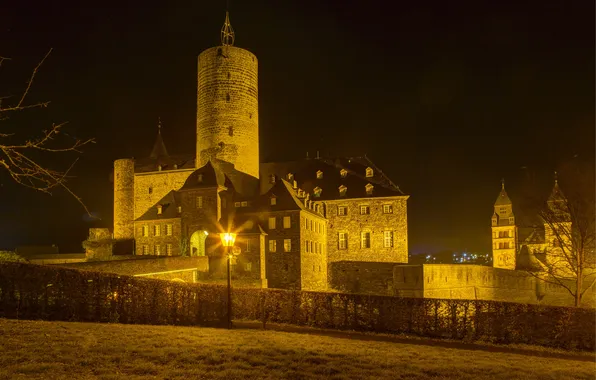 Picture light, night, castle, Germany, lantern, Mayen Genovevaburg