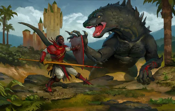 Fantasy, dragon, warrior, art, spear, shield, monster, knight