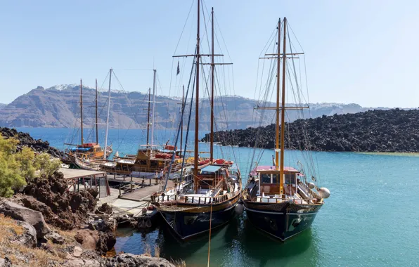 Picture sea, the sky, the sun, rocks, coast, yacht, Santorini, Greece