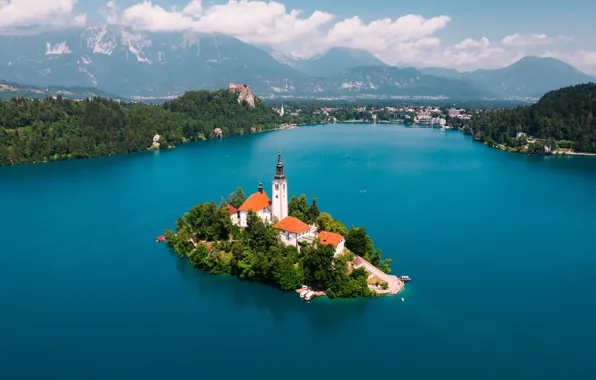 Green, lake, boats, Lake Bled, Slovenia, church