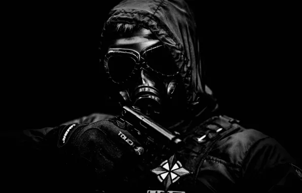 Gun, weapons, jacket, hood, gas mask, male