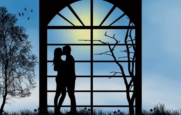 Love, romance, kiss, the evening, pair, relationship, silhouettes, date
