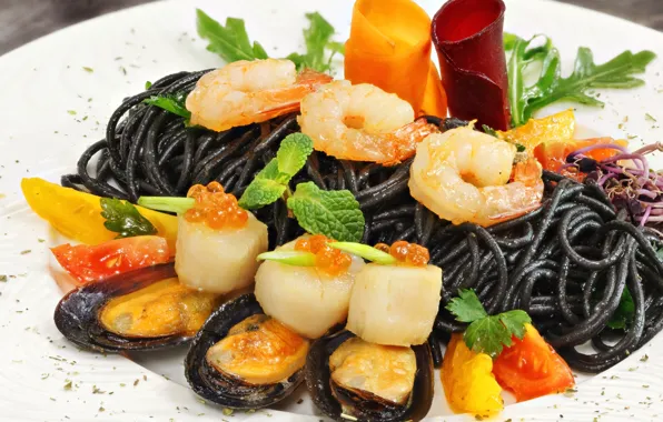 Black, caviar, shrimp, seafood, shellfish, pasta, scallops