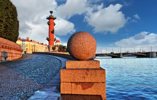 Picture dawn, ball, sphere, granite, Neva embankment, Saint-Petersburg., Neva river, Rostral columns