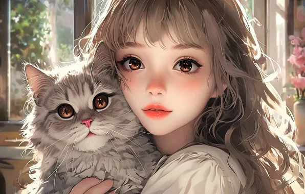 Picture look, cat, girl, friends, pussy, brown eyes, digital art, meow