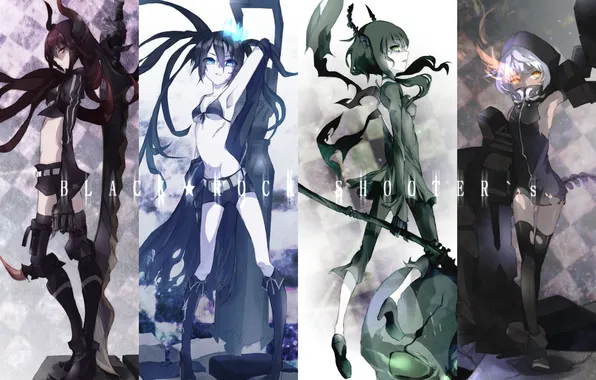 Weapons, girls, skull, sword, anime, art, hood, horns