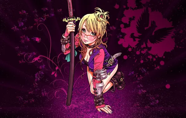Picture eagle, Girl, sword, glasses, hairstyle