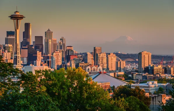 Picture building, panorama, Seattle, Washington, Seattle, Washington, Mount Rainier, mount Rainier