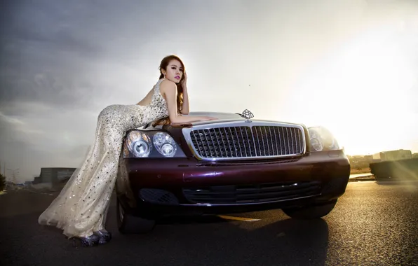 Picture auto, look, Girls, Asian, beautiful girl, posing, Mercedes-maybach