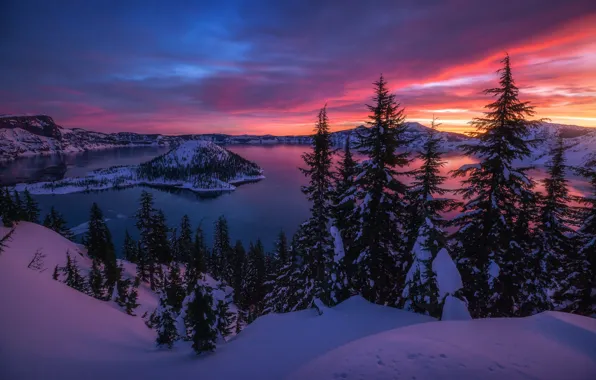 Winter, snow, mountains, lake, the evening, morning, the volcano, USA