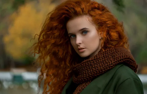 Look, girl, face, hair, portrait, scarf, red, curls