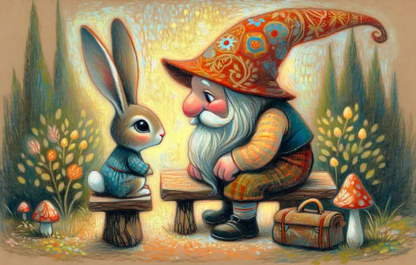 Bench, hare, Amanita, Bunny, dwarf, old man, gnome, imitation painting