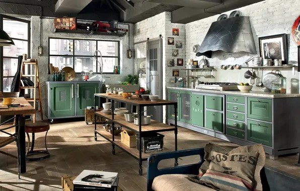Design, interior, kitchen, dining room, loft, industrial style