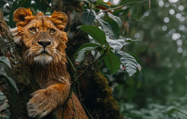 Look, Trees, Leaves, Leo, Predator, Digital art, Big cat, Closeup