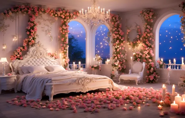 Light, decoration, love, flowers, night, room, holiday, romance
