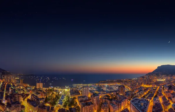 Sea, the city, the evening, panorama, Monaco, Yacht Show Sunset 2014