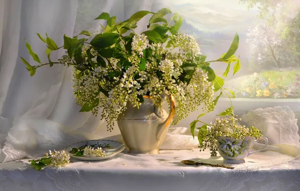 Light, bouquet, window, Cup, vase, still life, saucer, cherry