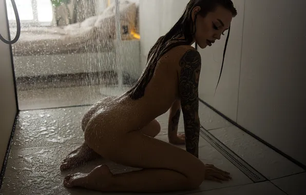 Ass, ass, girl, pose, body, figure, tattoo, shower
