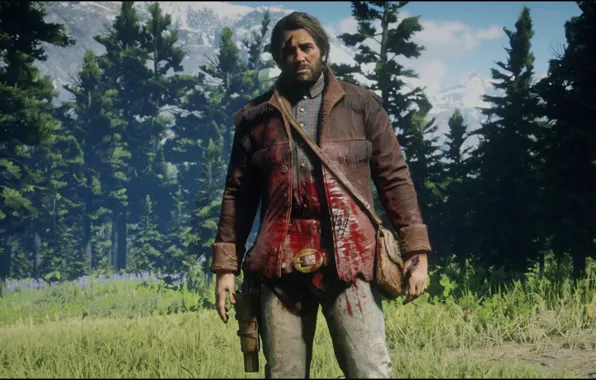 Wood, Game, Trees, Bear, Attack, Blood, Xbox One S, Red Dead Redemption 2