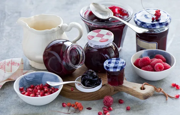 Picture berries, raspberry, jars, jam, garnet, jam, Anna Verdina