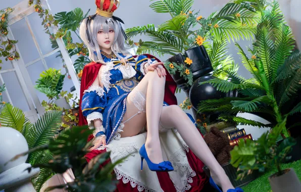 Pose, room, books, Asian, beautiful girl, cosplay, white stockings, glare