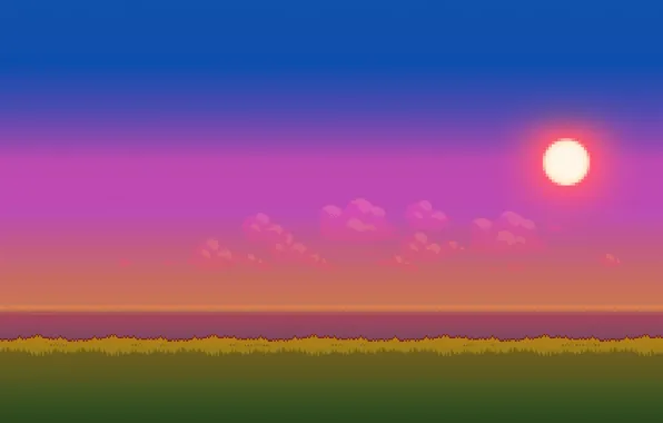 Sea, grass, the sun, clouds, time, the evening, day, 8bit