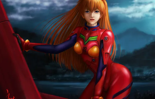 Look, girl, night, the city, pose, smile, soryu asuka langley, evangelion