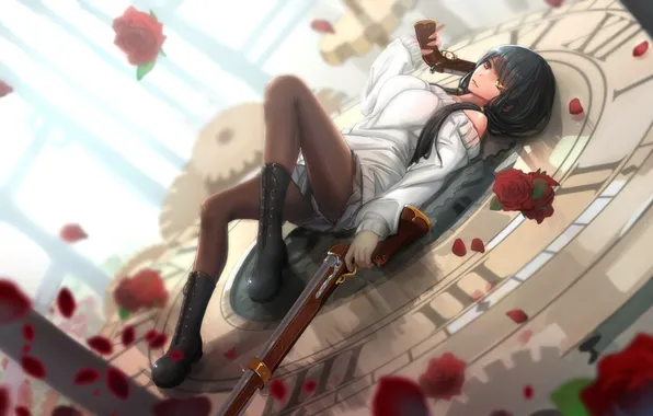 Girl, flowers, roses, anime, art, dial, lying, kikivi