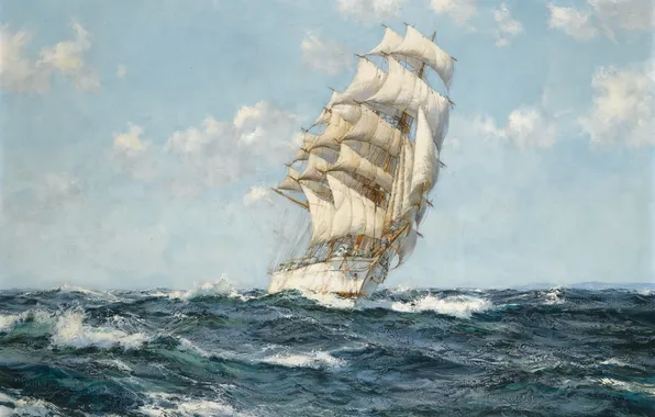 Sea, figure, sailboat, painting, Montague Dawson