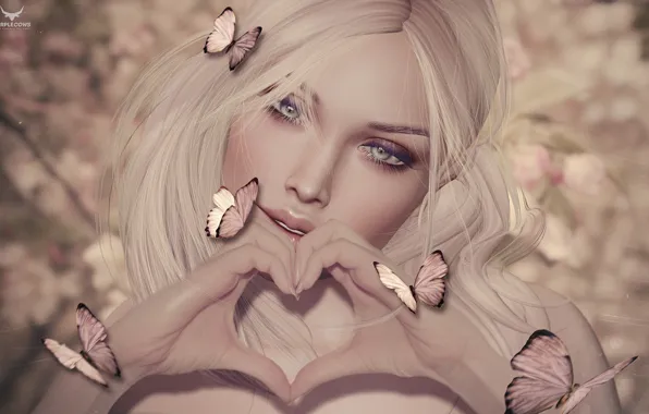 Girl, butterfly, heart, blonde
