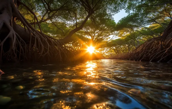 Water, the sun, rays, light, trees, branches, roots, lake