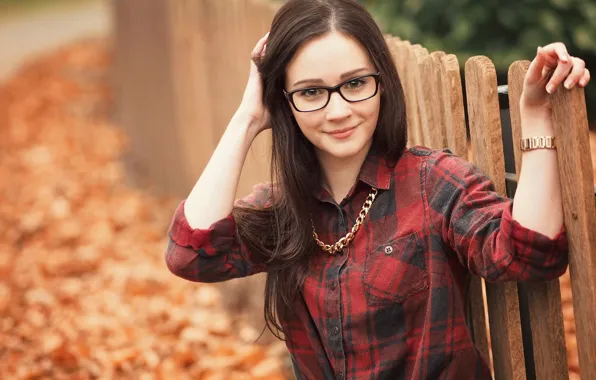 Autumn, leaves, girl, smile, glasses, brown hair, Luisa
