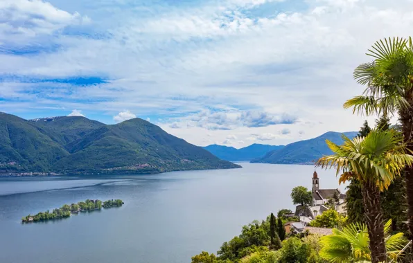 Mountains, lake, palm trees, Switzerland, Locarno, Brissago