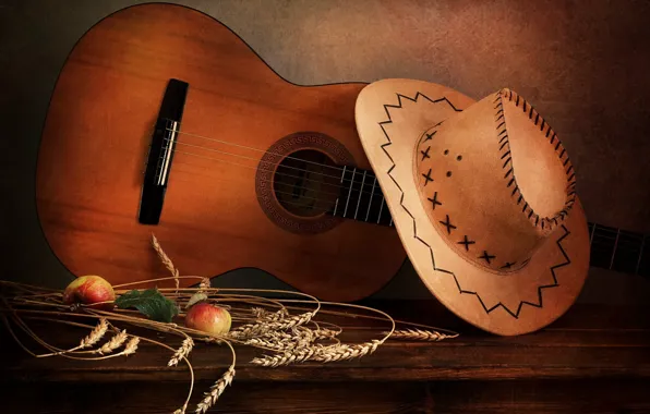 Picture apples, guitar, hat, ears, fruit, still life