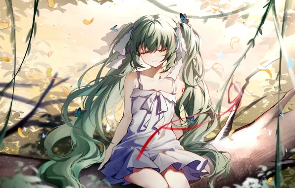 Girl, Hatsune Miku, Vocaloid, long hair, dress, nature, anime, beautiful