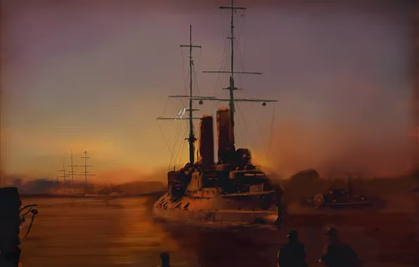 Picture sea, painting, battleship, Russian, squadron, "Tsarevich"