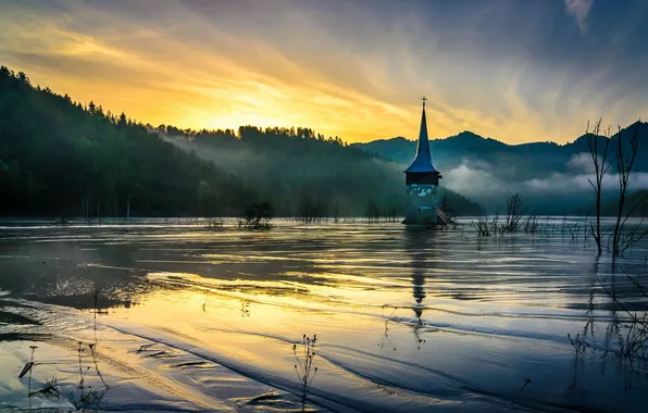 Picture lake, Romania, church, sludge, flooded, Twin