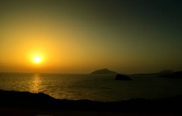 The sky, the sun, sunset, rocks, Greece, The Aegean sea