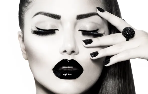 Picture girl, eyelashes, hair, hands, makeup, ring, lips, tail