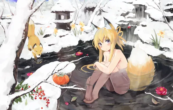Winter, water, girl, snow, flowers, berries, Fox, tail