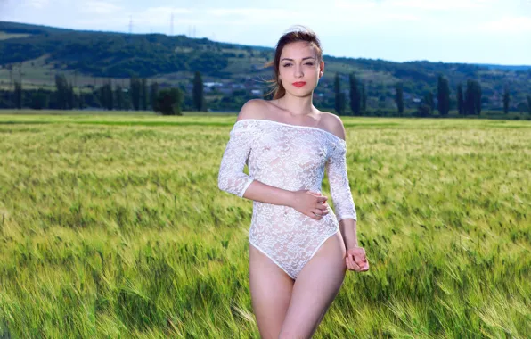 Wheat, field, chest, look, nature, legs, hip, Gabriele