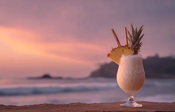 Sea, beach, the sky, shore, glass, the evening, cocktail, drink